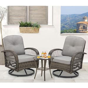 3-Piece Wicker Outdoor Bistro Set with Grey Cushions, 360-Degree Swivel Patio Rocking Chairs