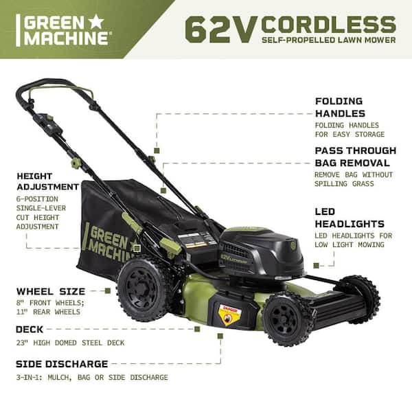 Green Machine 62V Cordless 3-in-1 High Wheel Push Walk Behind Mower, Brushless 22 In. Cutting Width with 4Ah Battery and Rapid Charger