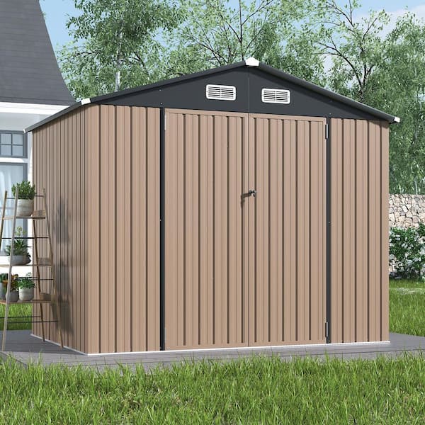 7.7 ft. W x 5.4 ft. D Outdoor Lean to Storage Metal Shed with 3 Lockable Doors, Air Vents for Patio, Brown (42 sq. ft. )