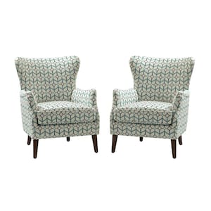 Leonhard Geometric Floral Fabric Pattern Wingback Design Armchair with English Arms Set of 2