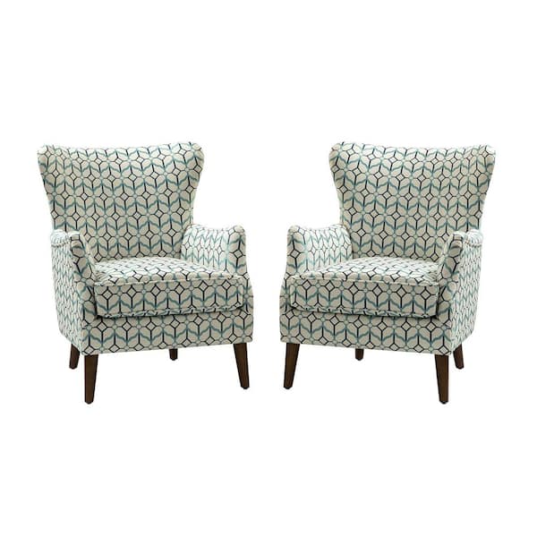 JAYDEN CREATION Leonhard Geometric Floral Fabric Pattern Wingback Design Armchair with English Arms Set of 2