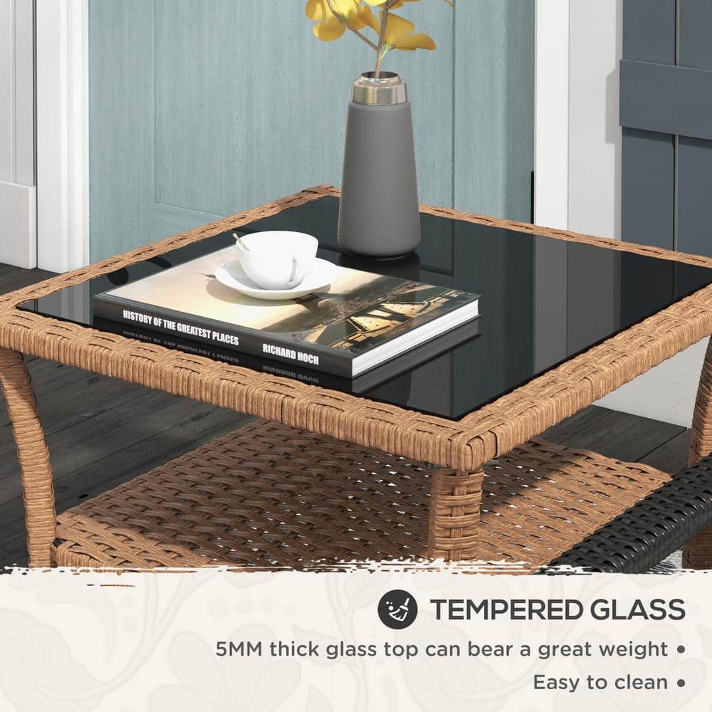 Sand Wicker and Glass 2-Tier Patio Coffee Table