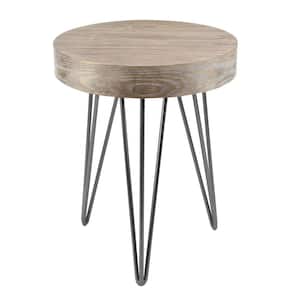 16 in. Brown Medium Round Wood End Table with Black Metal Hairpin Legs