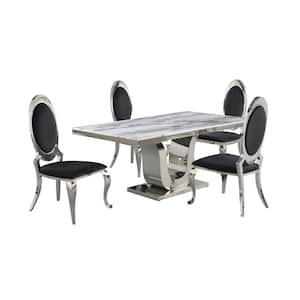 Ada 5-Piece White Marble Top With Stainless Steel Base Table Set With 4 Black Velvet Oval Back Chairs