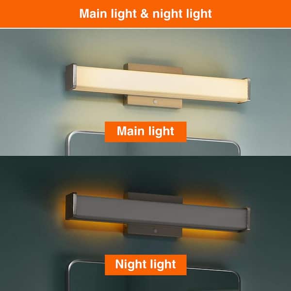 Astrid 23 in. 1-Light Brushed Nickel LED 5CCT Vanity Light with Frosted Glass and Sensor Operated Night Light
