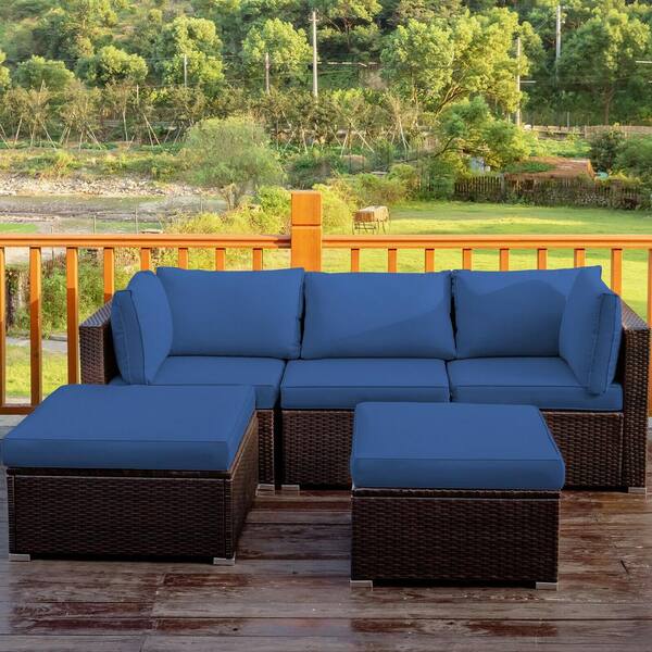 5 pcs patio rattan sofa set with cushion and ottoman