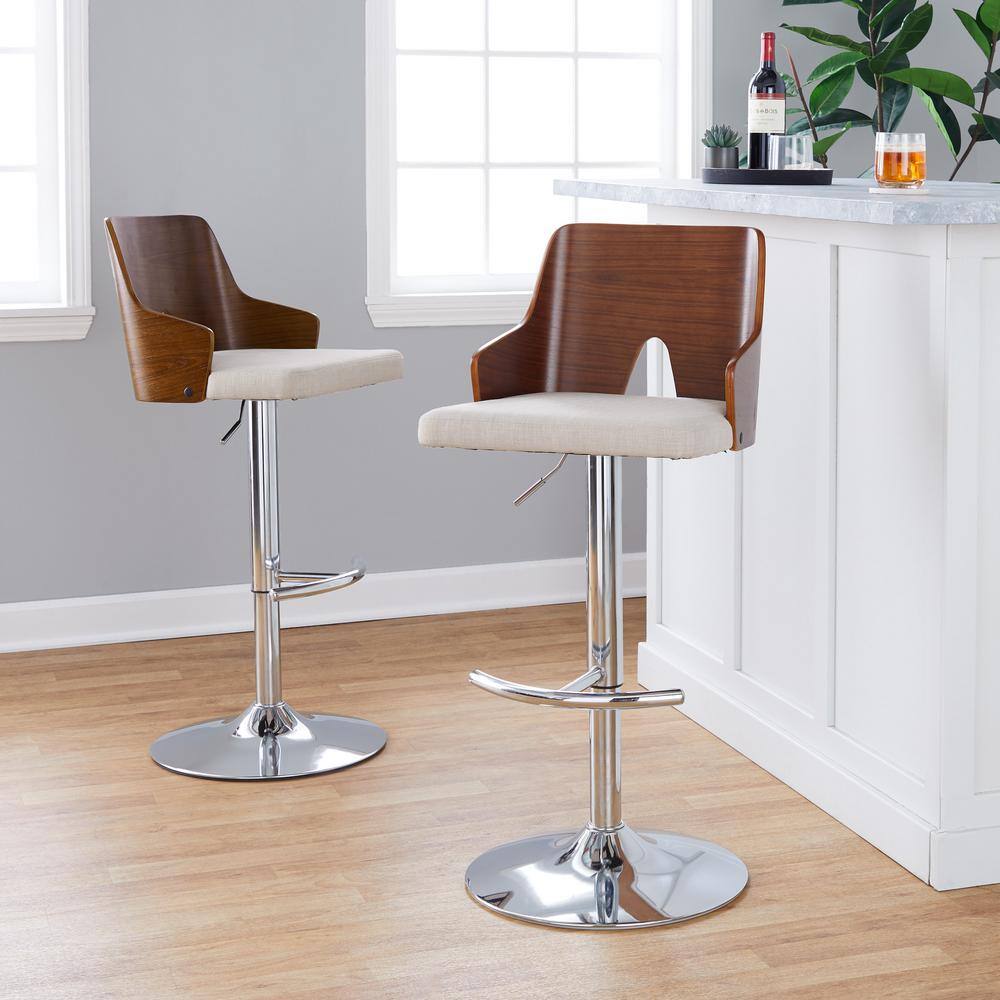 Ariana Adjustable Walnut Wood and Chrome Barstools with Beige Upholstery, Set of 2