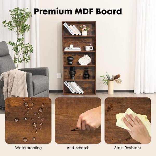 Tileon 5-Shelf Brown Freestanding MDF Open Bookcase, Pantry