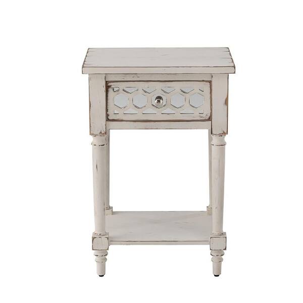 Zeus & Ruta 18 in. Rectangular Outdoor Wood Side Table with Drawer and Shlef for Paito, Garden, Living Room in Honeycomb White