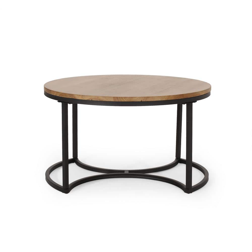 Antique Brown and Black Round Fir Wood and Metal Nesting Coffee Tables Set
