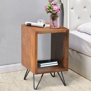 Brown and Black Textured Cube Shape Wooden Nightstand with Angular Legs 13.5 in. L x 14 in. W x 22 in. H