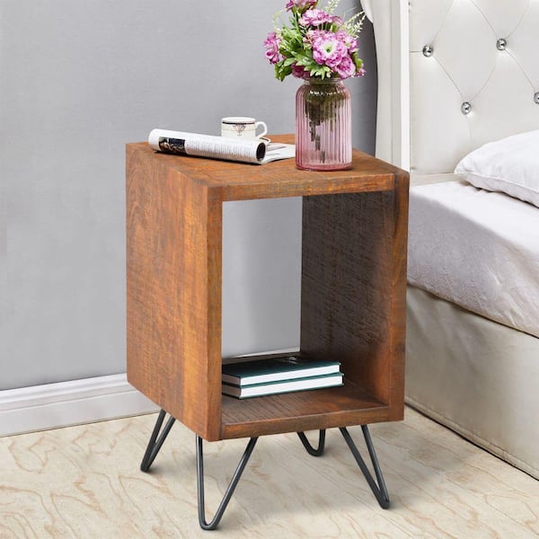 THE URBAN PORT Brown and Black Textured Cube Shape Wooden Nightstand with Angular Legs 13.5 in. L x 14 in. W x 22 in. H