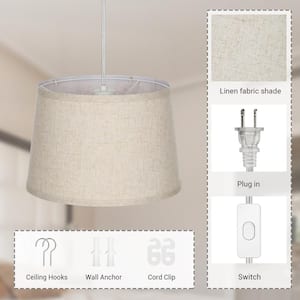 60-Watt 1-Light Pendant Hanging Light with Beige Fabric Shade and 15 ft. Clear Cord