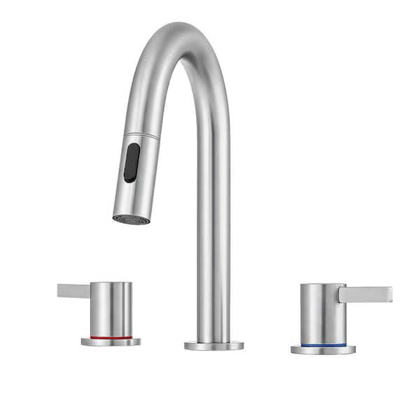 Abdera 8 in. Widespread Double Handle Bathroom Faucet with Pop-Up Drain and 360° Pull-Down Sprayer in Brushed Nickel