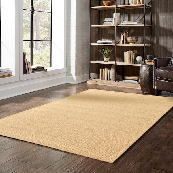 Caicos Tan 9 ft. x 13 ft. Solid Basket Weave Indoor/Outdoor Patio Area Rug