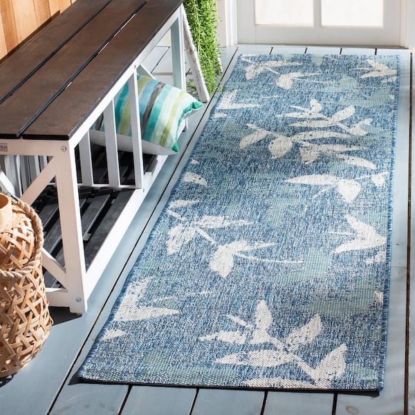 Courtyard Navy/Blue 2 ft. x 8 ft. Distressed Leaf Indoor/Outdoor Patio  Runner Rug