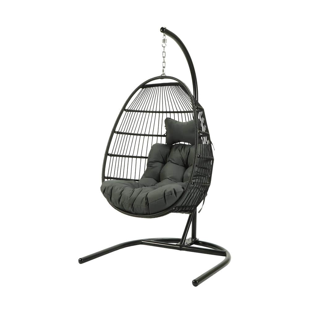 1-Person Black Wicker Folding Hanging Egg Swing Chair Outdoor Patio Swing C