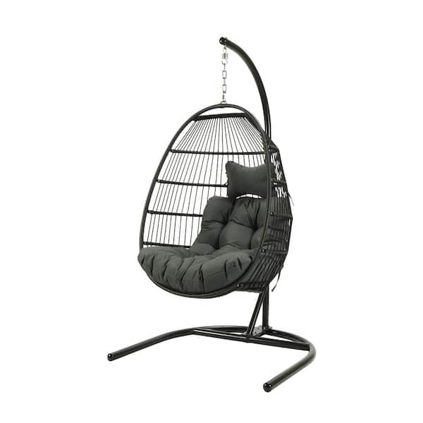 Anvil 1-Person Black Wicker Folding Hanging Egg Swing Chair Outdoor Patio Swing Chair with Gray Cushions
