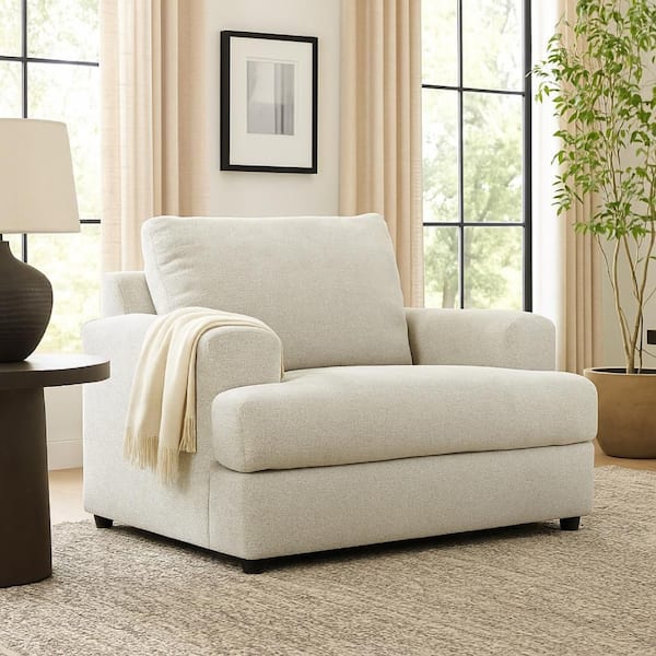 Benjara Tren Beige Polyester Oversized Sofa Arm Chair with Textured Pillow and Deep Seat Cushion