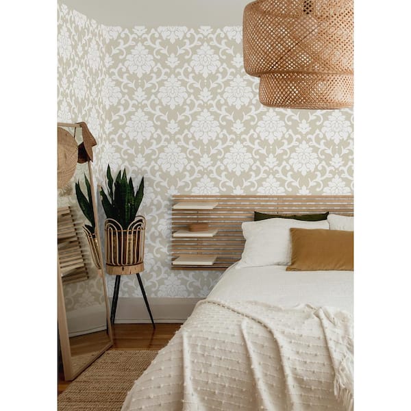 Beige Taupe Damask Peel and Stick Vinyl Wallpaper Roll
