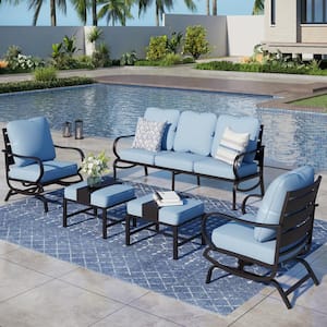 Black 5-Piece Metal Slatted 7-Seat Outdoor Patio Conversation Set with Blue Cushions, 2 Rocking Chairs, 2 Ottomans