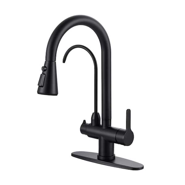 16.7 in. H Pull Down Sprayer Kitchen Faucet with Drinking Water Faucet and 360° Swivel Spout in Matte Black