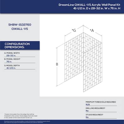 QWALL-VS 28 in. - 32 in. x 76 in. x 41.5 in. 3-Piece Glue-up Acrylic Alcove Shower Backwalls in Biscuit