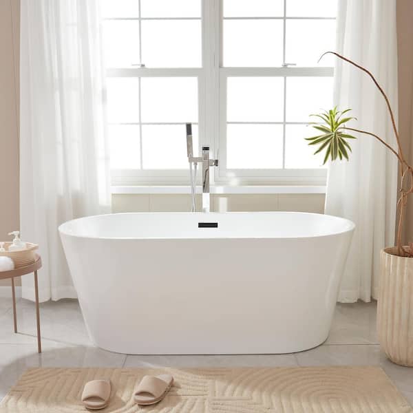Bordeaux 59 in. x 29.5 in. Acrylic Flatbottom Freestanding Soaking Bathtub with Center Drain in White/Matte Black
