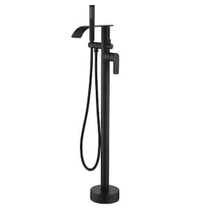 Single-Handle Waterfall Freestanding Tub Faucet with Hand Shower Single Hole Brass Floor Mount Tub Filler in Matte Black