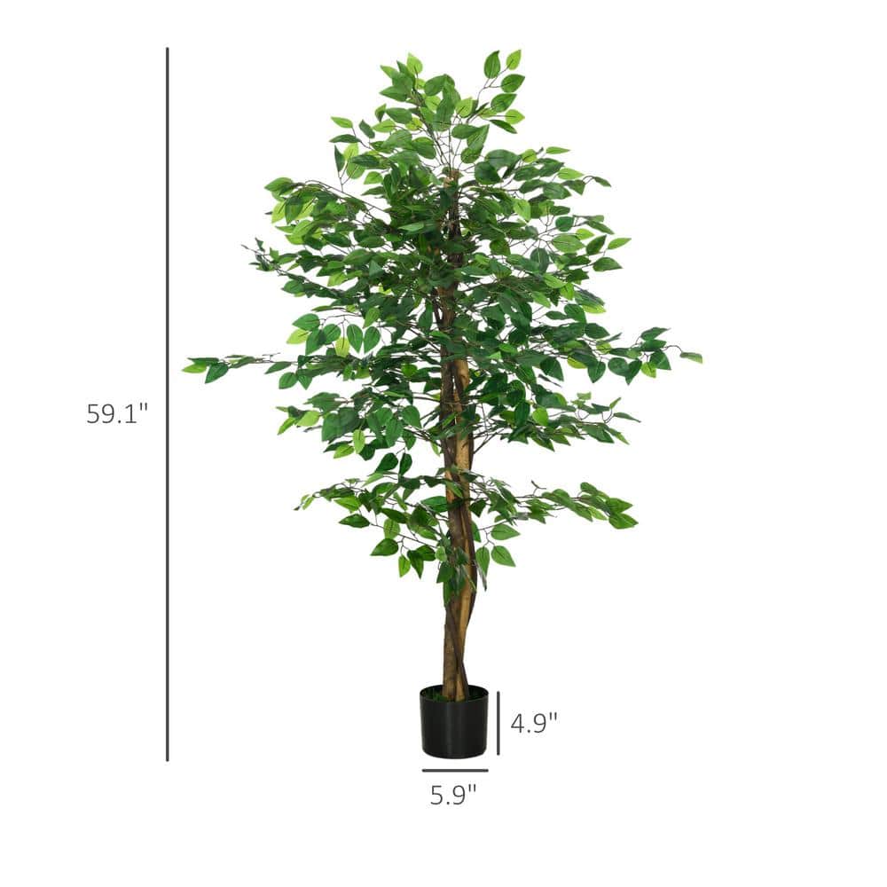 59'' Green Plastic Potted Artificial Ficus Tree for Indoor Outdoor