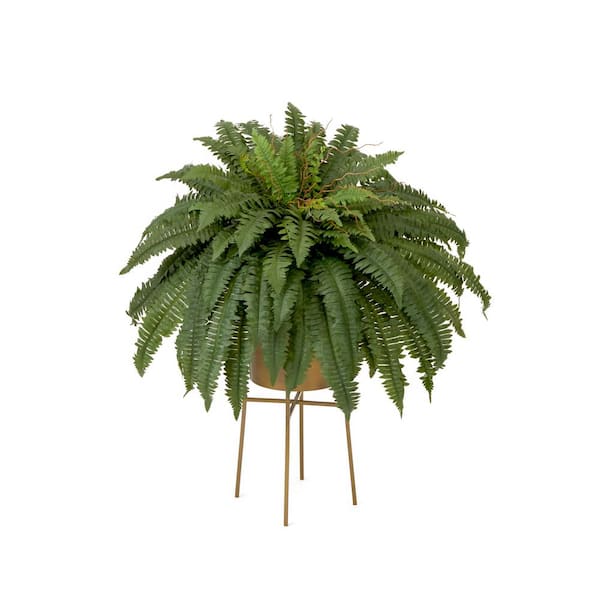 32 in. Artificial Green Boston Fern Plant with Metal Planter with Stand DIY KIT