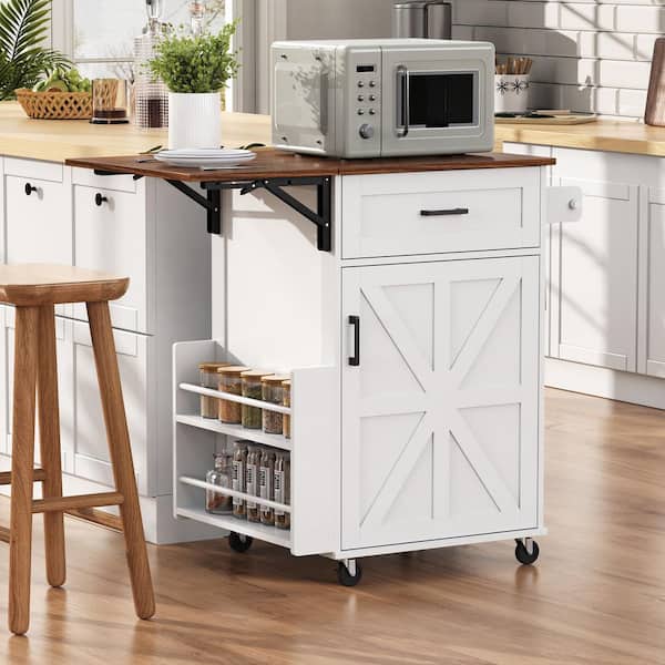 White Wood 39 in. Kitchen Island with Drop Leaf, Open Side Rack, Drawer, Towel Rack