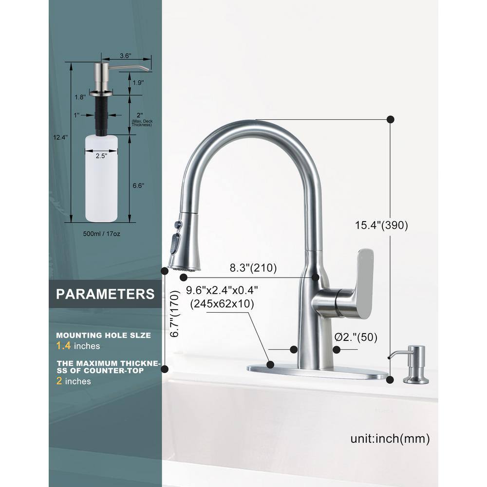 Brushed Nickel Stainless Steel Pull Down Kitchen Faucet with Soap Dispenser