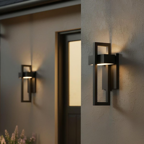 14 in. Modern Integrated LED Outdoor Wall Sconce 2-Pack, Matte Black Exterior Wall Mount Light, 3000K Porch Lighting