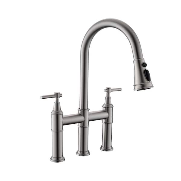 3 Hole Brushed Nickel Bridge Kitchen Faucet with Pull Down Sprayer, 2 Handle Faucet for Kitchen Sinks