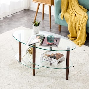 35.43 in. Transparent 3-Layer Oval Glass Coffee Table Accent Sofa Side Tea Table with Wood Leg