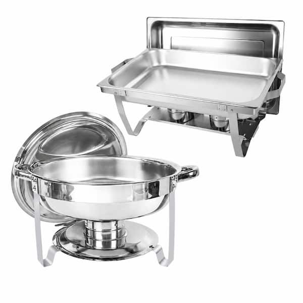 8 Qt Rectangle and 5 Qt Round Silver Stainless Steel Chafing Dish Buffet Set of 2 with Mirror Finish