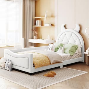 White Wood Frame Twin Size Teddy Fleece Upholstered Daybed with OX Horn Shaped Headboard, Nailhead Trim Design