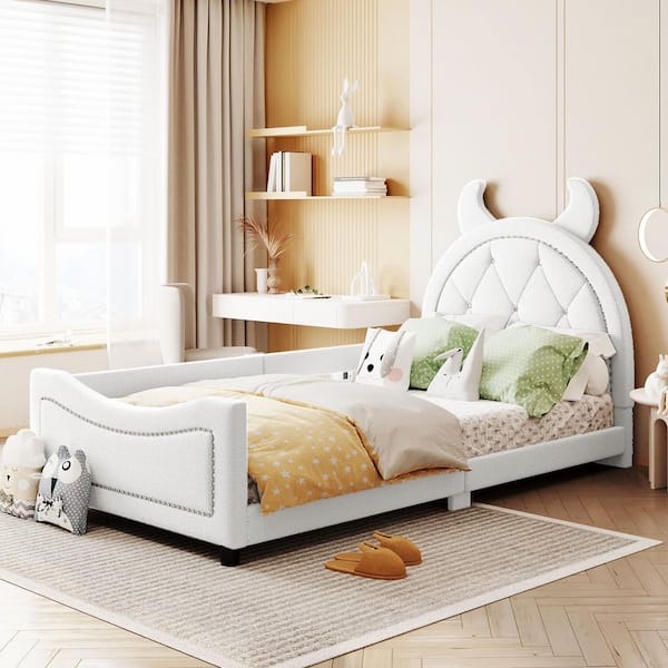 Harper & Bright Designs White Wood Frame Twin Size Teddy Fleece Upholstered Daybed with OX Horn Shaped Headboard, Nailhead Trim Design