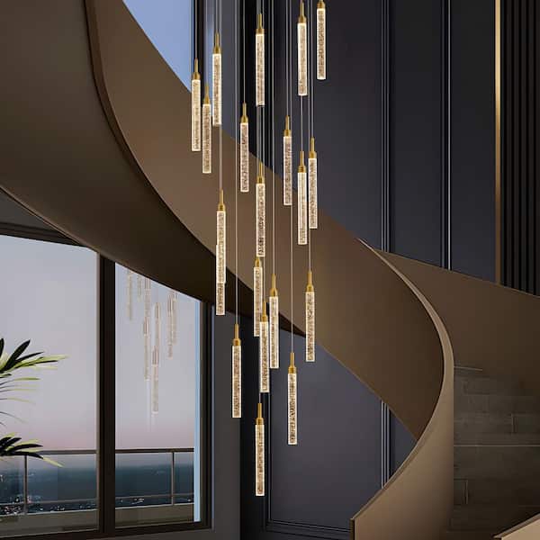 20-Light Polished Gold LED Crystal Tiered Clear Glass Metal Chandelier Foyer Staircase