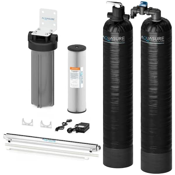 AQUASURE 15-GPM Salt-Free Conditioning Whole House Water Treatment System, Pleated Sediment Pre-Filter and UV Sterilizer