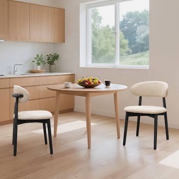 Qiro Modern Beige Cotton-Linen Fabric Upholstered Dining Side Chairs with Black Solid Wood Legs, Set of 2