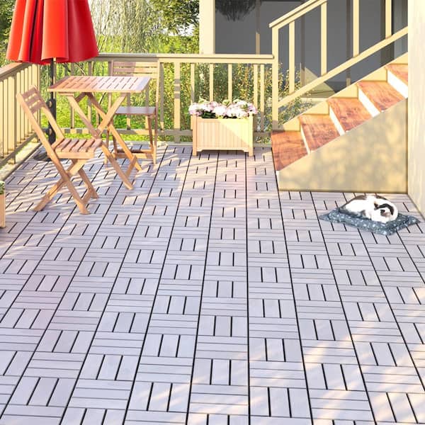 YOFE 1 ft. x 1 ft. Acacia Wood Interlocking Deck Tiles in Gray, Indoor Outdoor Checker Pattern Floor Tiles (20 per Case)