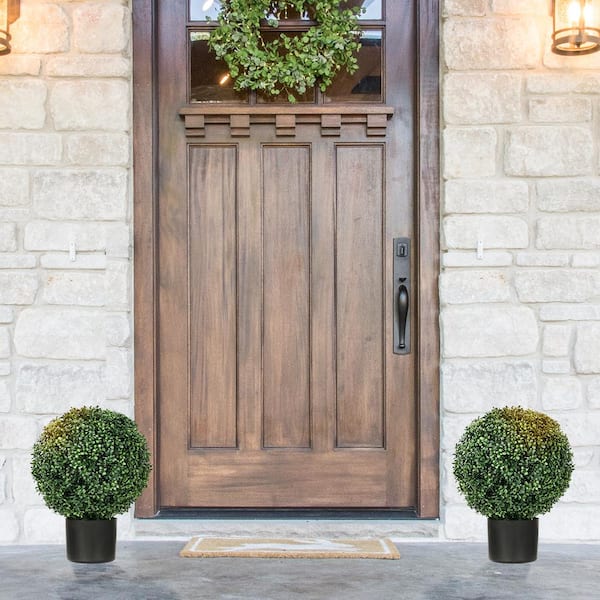 Unbranded 2 ft. Set of 2-Green Artificial Boxwood Topiary Ball Tree with Pot, Fake Decorative Plant, for Home and Office