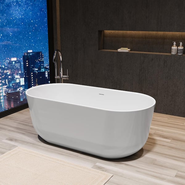 Acrylic 59 in. x 28.37 in. Bathtub Rectangle Freestanding Soaking Bathtub in White with Drain