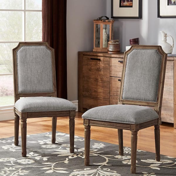 HomeSullivan Brown Finish Grey Arched Linen And Wood Dining Chairs (Set of 2)