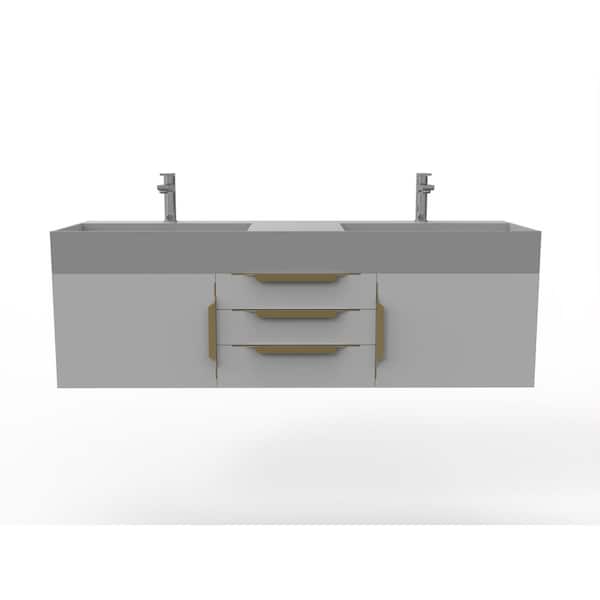 castellousa Maranon 60 in. W x 19 in. D x 19.25 in. H Double Floating Bath Vanity in Matte Gray with Gold Trim and Gray Top