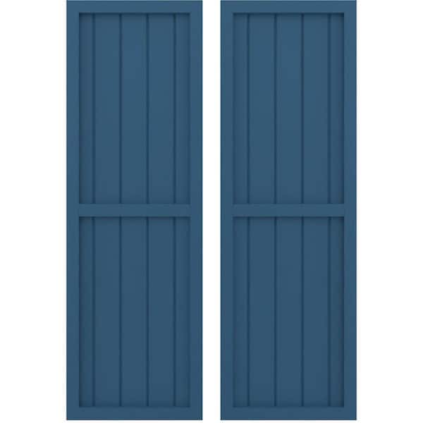 Ekena Millwork 17-1/2 in. W x 52 in. H Americraft 5 Board Real Wood Two Equal Panel Framed Board and Batten Shutters Sojourn Blue