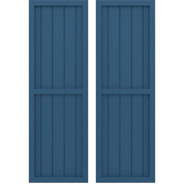Ekena Millwork 17-1/2 in. W x 68 in. H Americraft 5-Board Real Wood 2 Equal Panel Framed Board and Batten Shutters in Sojourn Blue