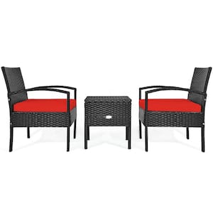Black 3-Piece Wicker Patio Conversation Set Storage Table and Chair Set with Red Cushions